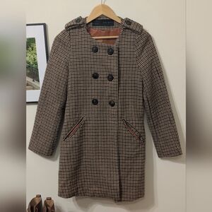 Zara Brown and Black Checkered Pea Coat